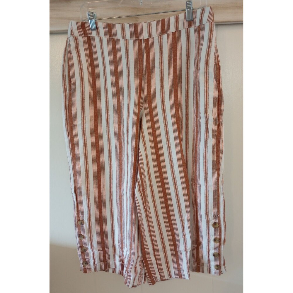 Wide Leg Linen Cotton Gaucho Pants Tan White Stripe Large Beach Cruise Womens